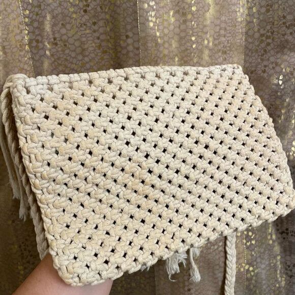 World Market Ivory Macramé Tassel Fringe Boho Crossbody Purse - Picture 3 of 6